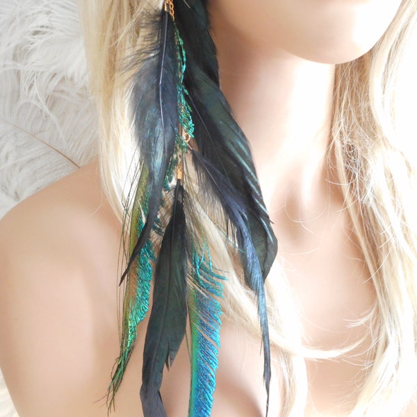 Bohemian Black W Peacock Spears Feather Handmade Hair Clip Extension