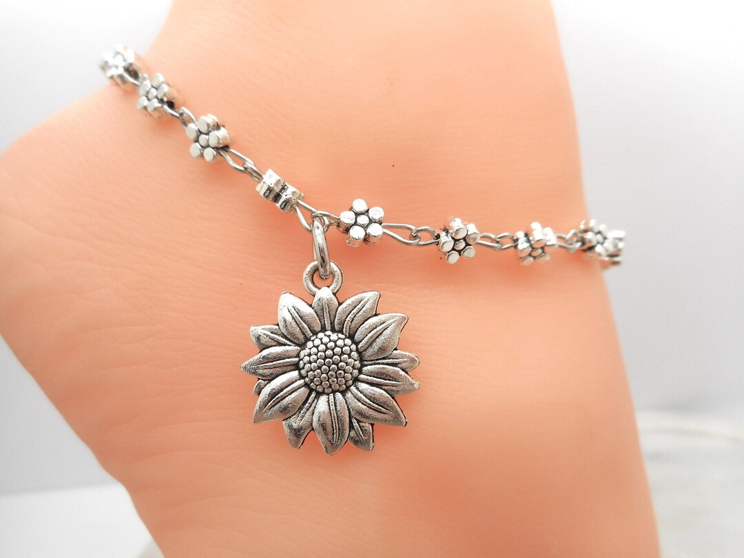 Sunflower Flower Silver Anklet Dangle Ankle Bracelet Etsy