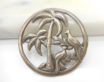 Vintage Sterling Silver 1945's-1950 Brooch Palm Tree Doves Pin