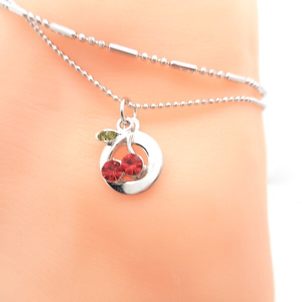 New Cherries Anklet Silver Plated Ankle Bracelet - Free Red Toe Ring To Match