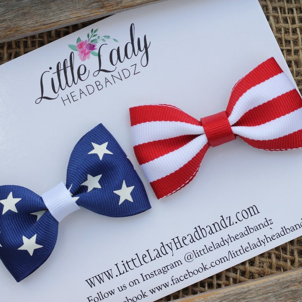 Stars and Stripes Pigtails American flag bows Patriotic Pigtail Hair bows Red white and blue stars Bows hair clips bows toddler barrettes