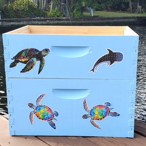 Custom Painted Bee Hive, bee art, art for your garden, Pretty Beehive (brood box & super only) Beehive from the NATURE Collection (&quot;OCEAN&quot;)