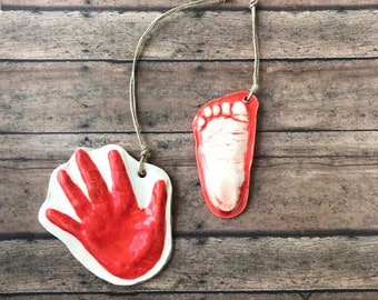 Raised Ceramic 3D Handprint Ornament Kit To Go In Coral Pink on Natural Cording.  Personalized Keepsake for babies - Great Shower Gift!