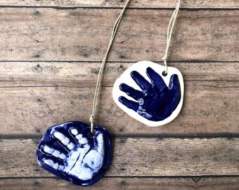 Raised Ceramic 3D Handprint Ornament Kit To Go In Cobalt Blue on Natural Cording.  Personalized Keepsake for babies - Great Shower Gift!