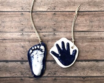 Raised Ceramic 3D Handprint Ornament Kit To Go In Navy Blue on Natural Cording.  Personalized Keepsake for babies - Great Shower Gift!