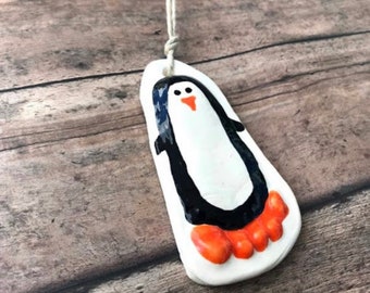 Raised Ceramic 3D penguin Footprint Ornament Kit To Go on Natural Cording.  Personalized Keepsake for babies - Great Shower Gifts