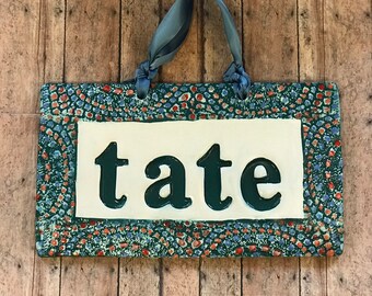 Personalized Hanging Baby or Family Name Sign in teal w/ Mosaic Look Boarder / Alternative to Traditional Wood Nursery Letter Name Decor.