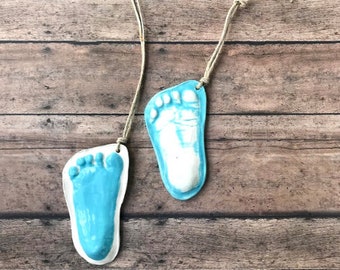 Raised Ceramic 3D Handprint Ornament Kit To Go In Tiffany Style Blue on Natural Cording.  Personalized Keepsake for babies - Shower Gift!