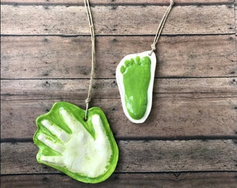 Raised Ceramic 3D Handprint Ornament Kit To Go In Lime Green on Natural Cording.  Personalized Keepsake for babies - Great Shower Gift!