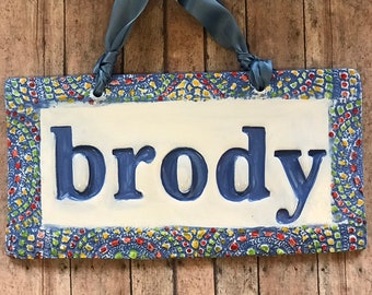 Personalized Hanging Baby or Family Name Sign in vintage blue w/ Mosaic Look Boarder / Alternative to Traditional Wood Nursery Letter Name D