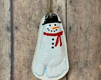 Raised Ceramic 3D snowman Footprint Ornament Kit To Go on Natural Cording.  Personalized Keepsake for babies - Great Shower Gifts