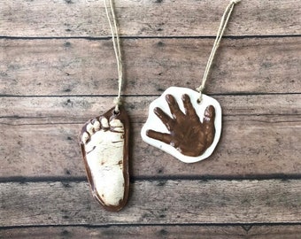 Raised Ceramic 3D Handprint Ornament Kit To Go In Brown on Natural Cording.  Personalized Keepsake for babies - Great Shower Gift!