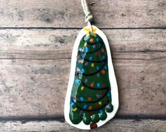 Raised Ceramic 3D christmas tree Footprint Ornament Kit To Go on Natural Cording.  Personalized Keepsake for babies - Great Shower Gifts