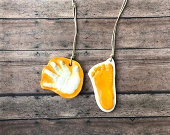 Raised Ceramic 3D Handprint Ornament Kit To Go In Yellow on Natural Cording.  Personalized Keepsake for babies - Great Shower Gift!