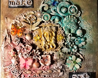 Mixed Media Original 3D Art Canvas! Beautiful, Colorful Artwork Titled “Making Art in the Garden”