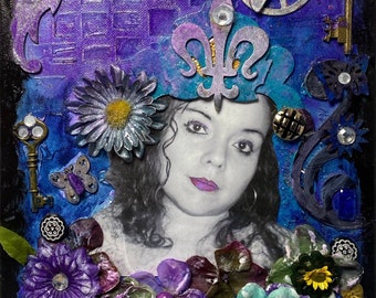 Steampunk Floral Mixed Media Assemblage Art - 9x12 Canvas