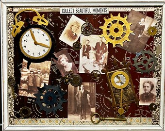 Victorian Steampunk Mixed Media Art, Clocks & Gears, 11x14 Framed