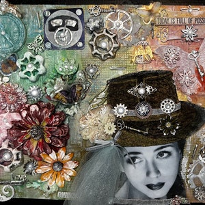Steampunk Woman Assemblage Art: 3D Mixed Media Canvas (18” x 14”)