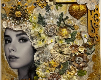 Gorgeous 12” x 12” 3D Mixed Media Assemblage Artwork! Beautiful Bride Surrounded by Flowers, found objects, Jewelry, Butterflies & Crown!