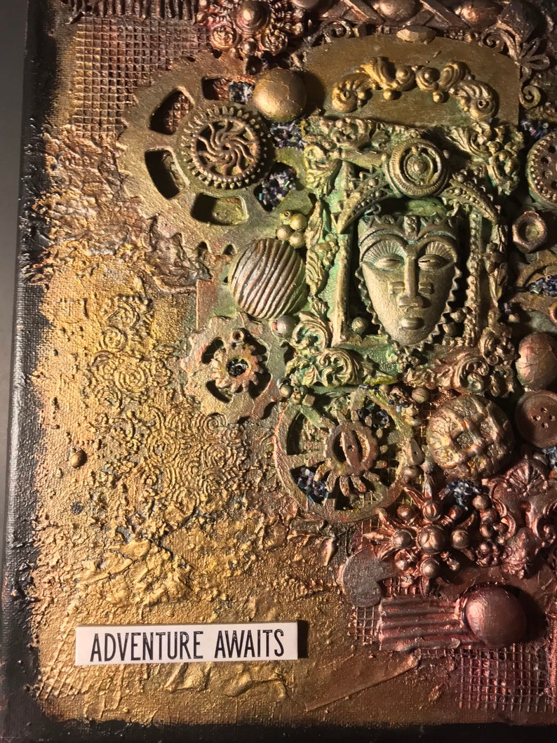 Mixed Media 3D Assemblage Artwork Steampunk Art Reminiscent of an Ancient Artifact It is an 11 x 14 Canvas image 4