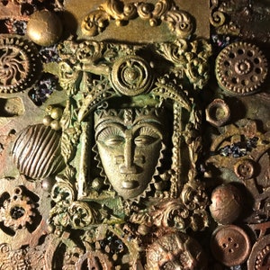 Mixed Media 3D Assemblage Artwork Steampunk Art Reminiscent of an Ancient Artifact It is an 11 x 14 Canvas image 7