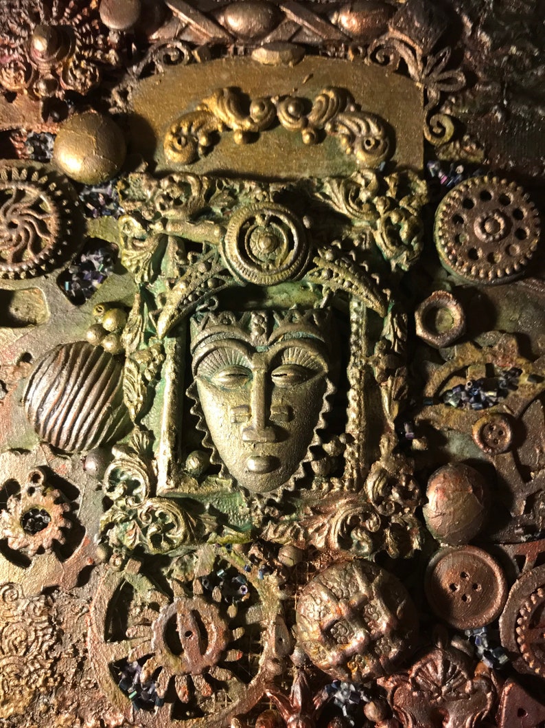 Mixed Media 3D Assemblage Artwork Steampunk Art Reminiscent of an Ancient Artifact It is an 11 x 14 Canvas image 7