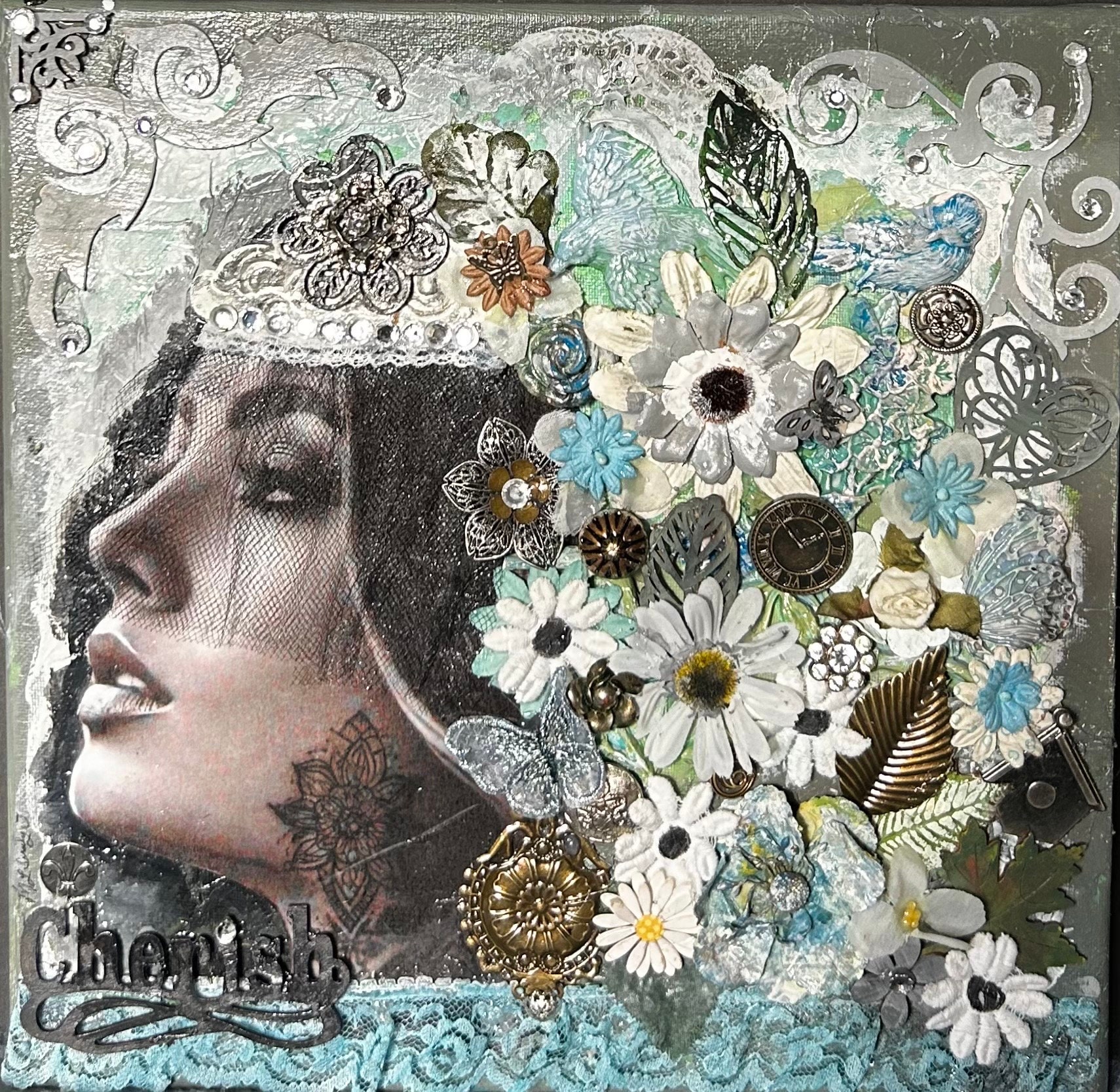 Mixed Media Assemblage Art: Goth Woman Portrait, Floral 3D Canvas