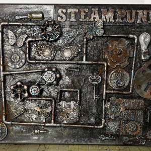 Steampunk Mixed Media Collage Artwork! 18” x 14” Original 3D Canvas Titled “The Essence of Steampunk”