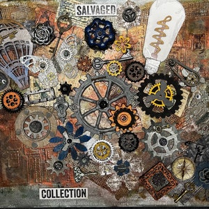 Steampunk Mixed Media Collage Artwork! 18” x 14” Original 3D Canvas Titled “Salvaged Collection”