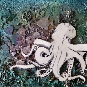 3D Ghost Octopus Art: Mixed Media Assemblage Canvas (11” x 14”)