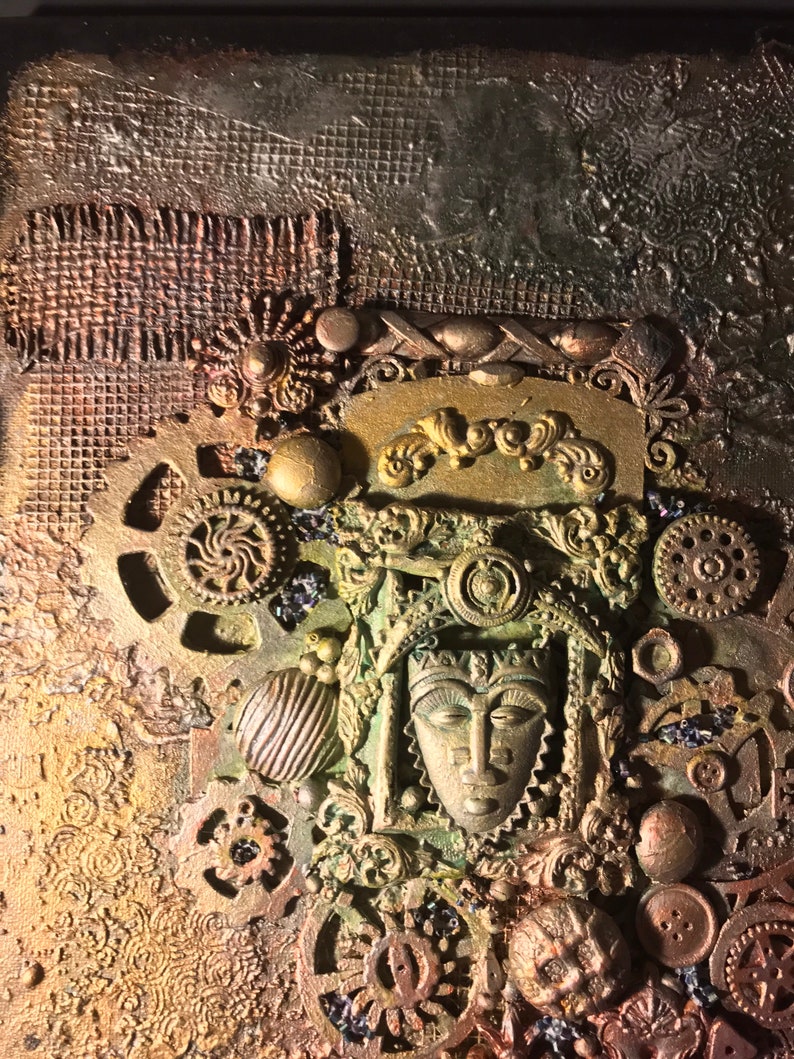 Mixed Media 3D Assemblage Artwork Steampunk Art Reminiscent of an Ancient Artifact It is an 11 x 14 Canvas image 5