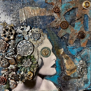 Mixed Media Steampunk 3D Assemblage Art Titled “Steam Empress: A Mechanical Journey Through Time Part 2”