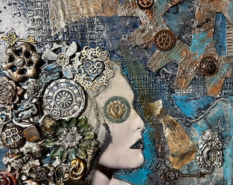 Steampunk Empress Assemblage Art: 3D Mixed Media Canvas