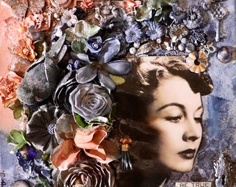 Mixed Media Assemblage Art: Classy Woman Portrait with Steampunk Details