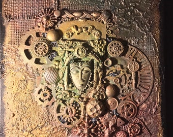 Mixed Media 3D Assemblage Artwork! Steampunk Art Reminiscent of an Ancient Artifact! It is an 11” x 14” Canvas!