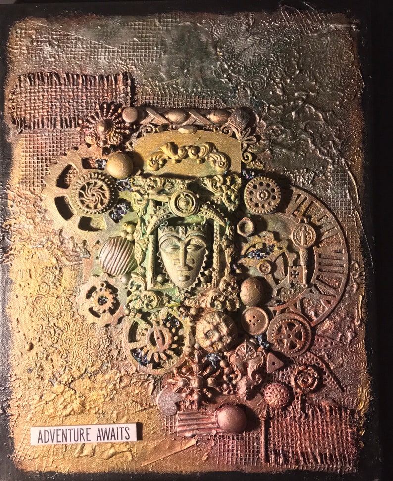 Mixed Media 3D Assemblage Artwork Steampunk Art Reminiscent of an Ancient Artifact It is an 11 x 14 Canvas image 1