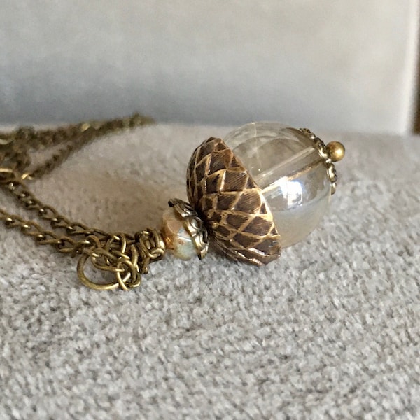 Clear glass acorn pendant bronze necklace Woman jewelry Crystal clear pendant Long chain simple necklace