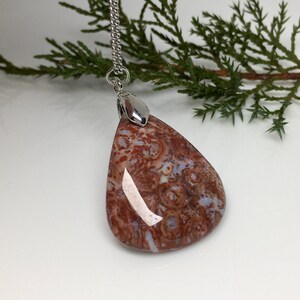 May include: A teardrop-shaped pendant necklace with a red, white, and brown agate stone. The stone has a swirling pattern and is set in a silver tone metal.