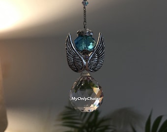 Aqua Blue Suncatcher Crystal Silver Angel, Window Prisms, Gift for Loved Ones, Guardian Angel Suncatcher, Hanging Crystal, Sympathy Gift