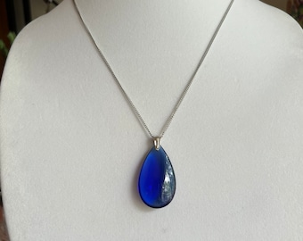 Mother’s Day Gift Royal Blue Teardrop Pendant Silver Necklace, Cobalt Blue, Woman 30” Necklace With Blue Smooth Glass  Pendant