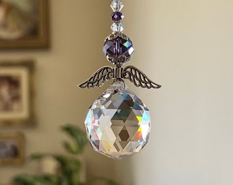 Memorial Angel Gift For Mom Grandmother Auntie Remembrance Gift Purple Winged Crystal Ornament