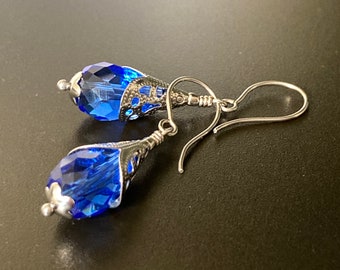 Cobalt Blue Faceted Crystal Glass Silver Tone Stainless Steel Dangle Earrings Royal Blue Teardrop Filigree Woman Jewelry