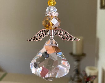 November birthday gift Crystal Glass Angel Sun Catcher Prism Hanging Ornament  Sparkling Heartfelt Gift Yellow Topaz Angel with Wing