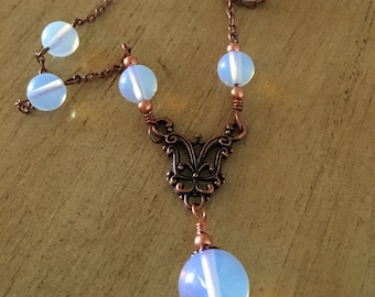 20” Vintage style opalescent milk white glass 10mm beads antique copper station necklace