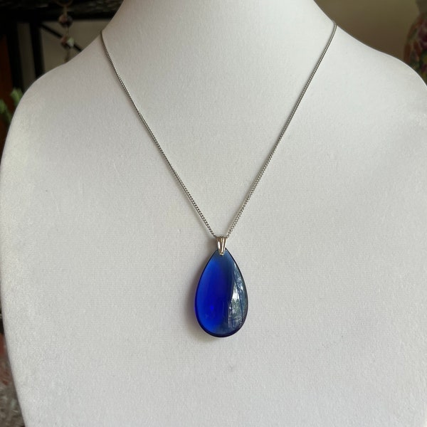 Royal Blue Teardrop Pendant Silver Necklace, Cobalt Blue, Woman 30” Necklace With Blue Smooth Glass  Pendant