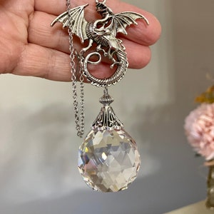 Celtic silver dragon sun catcher crystal prism hanging ornament White dragon pendant Antique silver