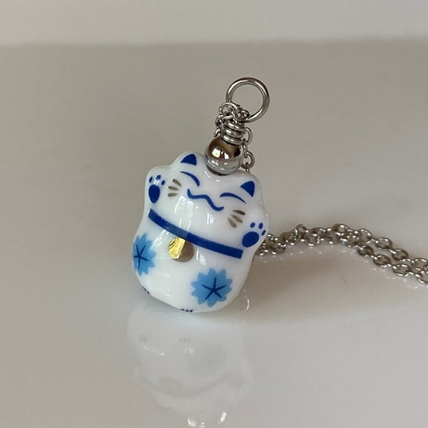 Blue Beckoning Cat Silver Chain Pendant  Porcelain Japanese Cat