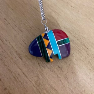 Multi color southwest bear pendant silver tone stainless steel necklace bear collector gift for mom colored bear inlaid bear