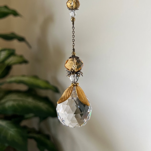 Vintage Style Hanging Prism Crystal Pendant Yellow SunCatcher Antique Style