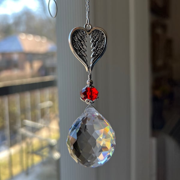 Mothers Gift Heart Feather Winged Ornament Suncatcher Crystal Red